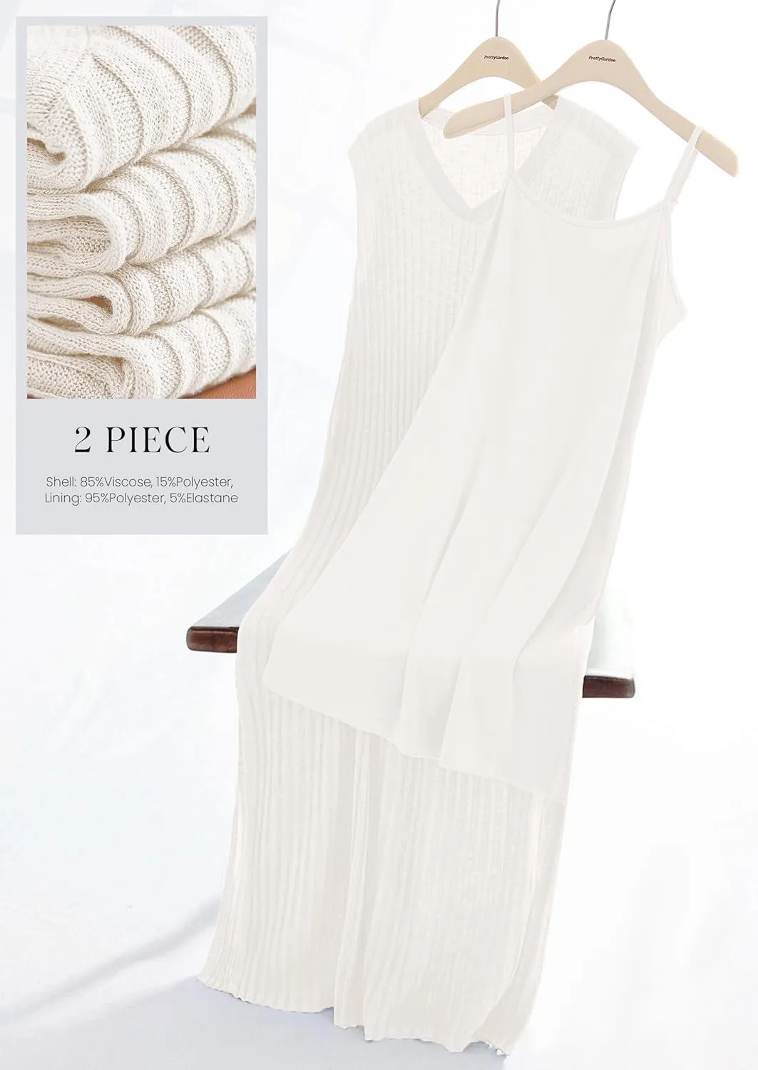 PRETTYGARDEN Women's 2025 Summer Casual Maxi Dresses Ribbed Knit Sleeveless V Neck 2 Piece Outfits with Slip Under Dress