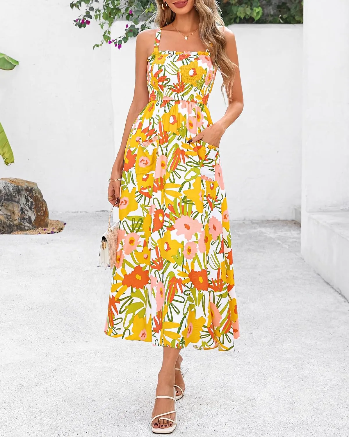 PRETTYGARDEN Womens Summer Dresses 2025 Casual Spaghetti Strap Ruffle Smocked Flowy Floral Print Maxi Dress with Pockets