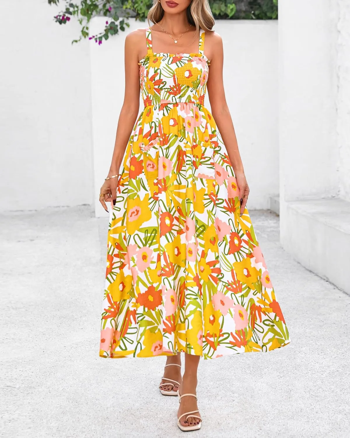 PRETTYGARDEN Womens Summer Dresses 2025 Casual Spaghetti Strap Ruffle Smocked Flowy Floral Print Maxi Dress with Pockets