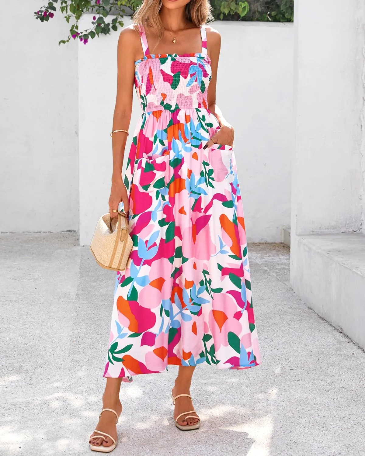 PRETTYGARDEN Womens Summer Dresses 2025 Casual Spaghetti Strap Ruffle Smocked Flowy Floral Print Maxi Dress with Pockets