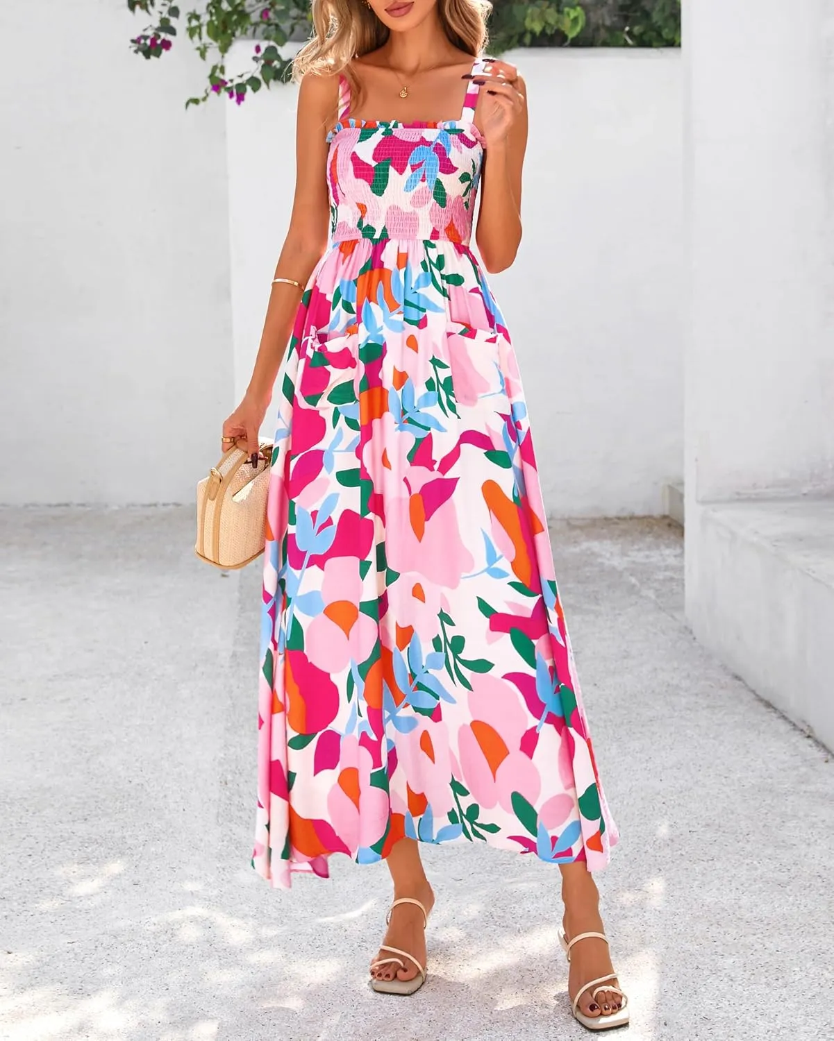 PRETTYGARDEN Womens Summer Dresses 2025 Casual Spaghetti Strap Ruffle Smocked Flowy Floral Print Maxi Dress with Pockets