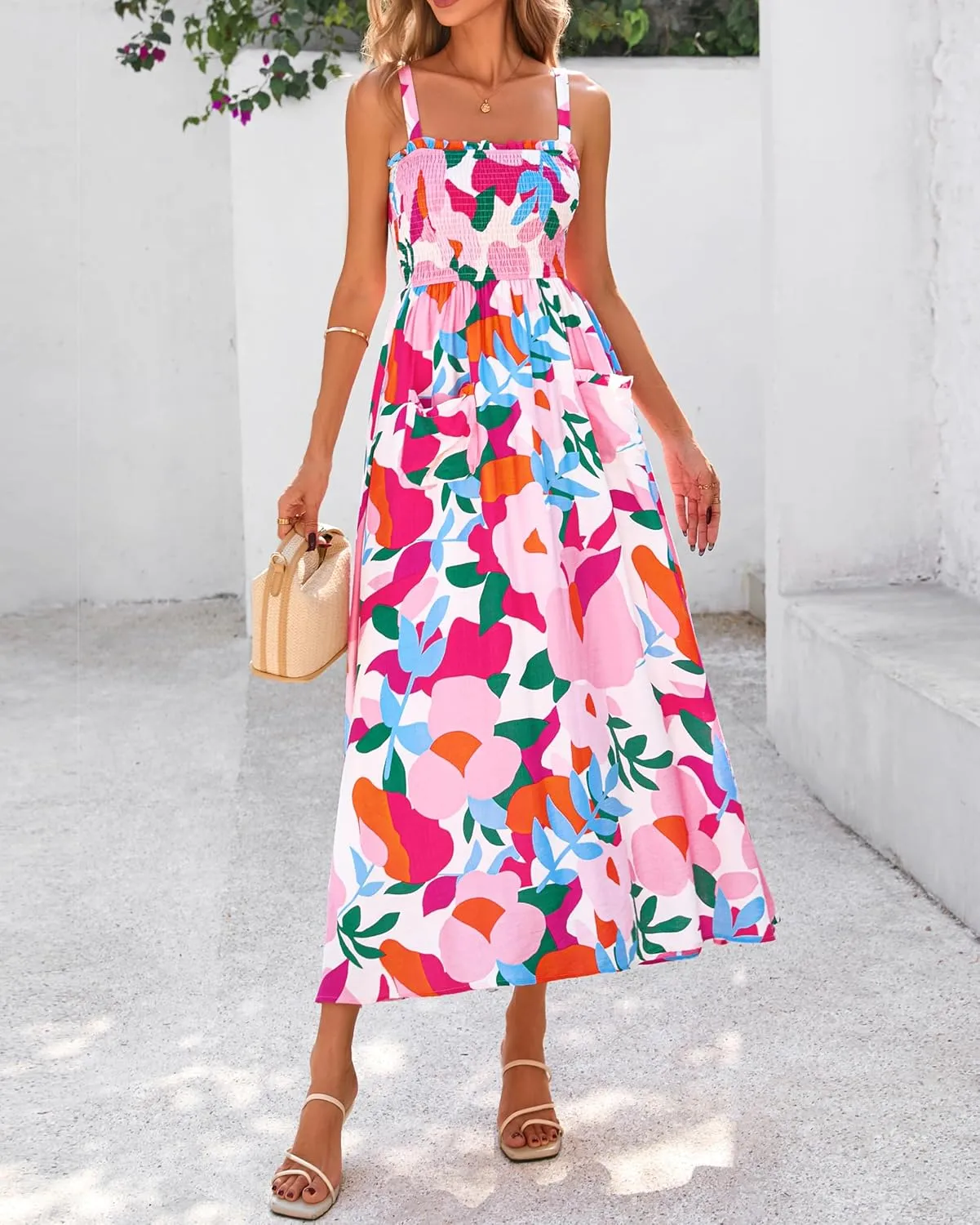 PRETTYGARDEN Womens Summer Dresses 2025 Casual Spaghetti Strap Ruffle Smocked Flowy Floral Print Maxi Dress with Pockets