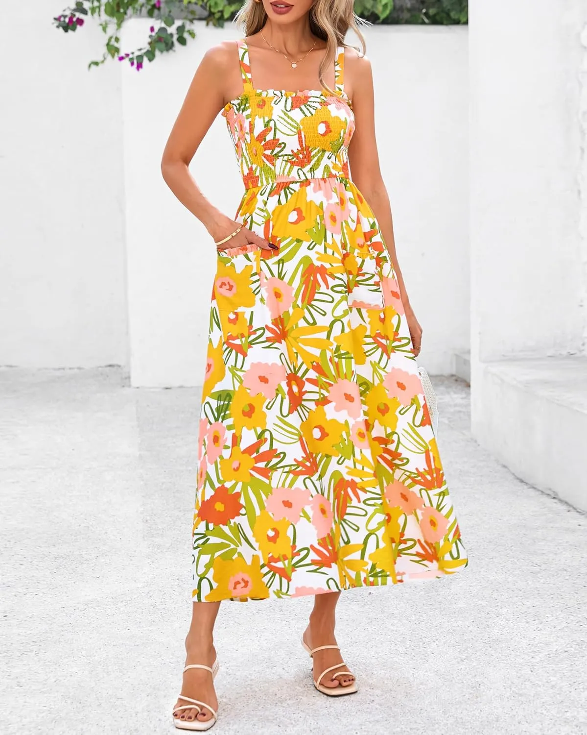 PRETTYGARDEN Womens Summer Dresses 2025 Casual Spaghetti Strap Ruffle Smocked Flowy Floral Print Maxi Dress with Pockets
