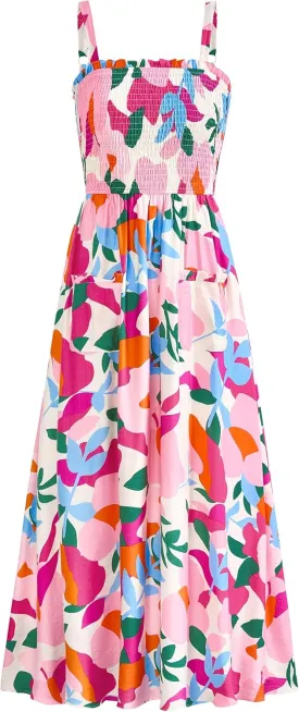 PRETTYGARDEN Womens Summer Dresses 2025 Casual Spaghetti Strap Ruffle Smocked Flowy Floral Print Maxi Dress with Pockets