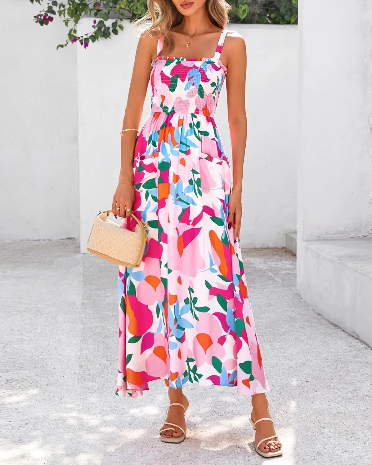 PRETTYGARDEN Womens Summer Dresses 2025 Casual Spaghetti Strap Ruffle Smocked Flowy Floral Print Maxi Dress with Pockets