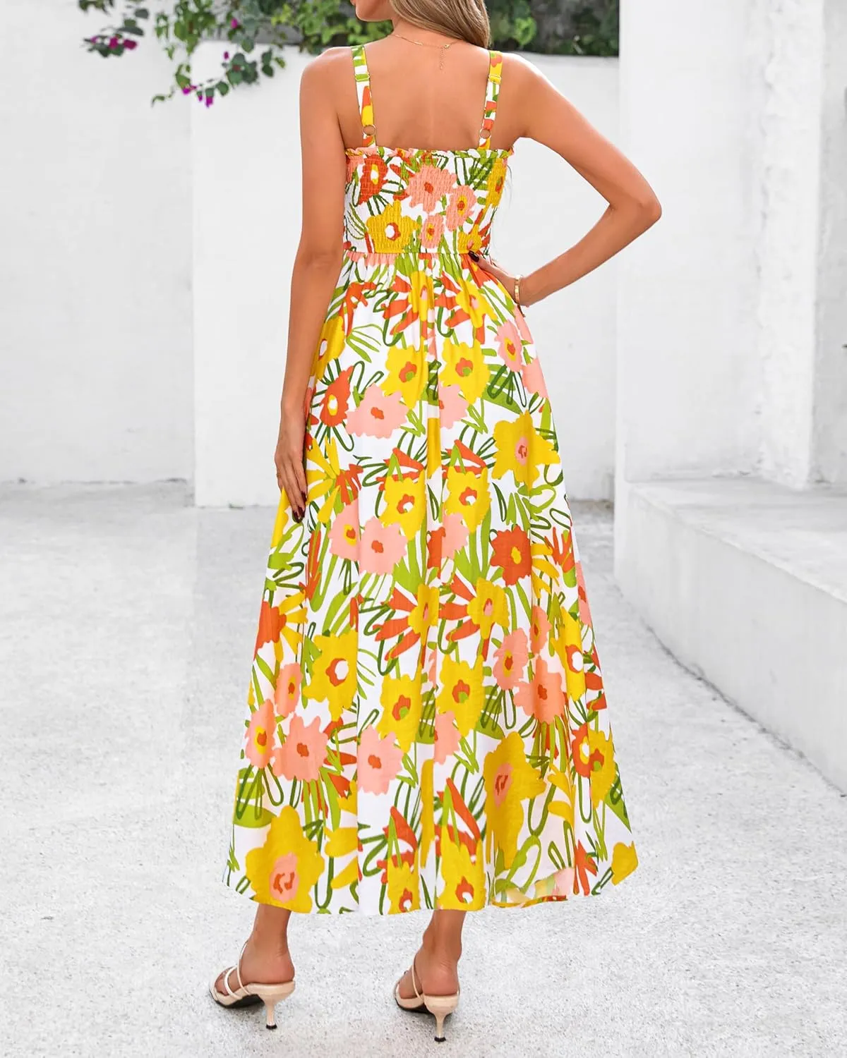 PRETTYGARDEN Womens Summer Dresses 2025 Casual Spaghetti Strap Ruffle Smocked Flowy Floral Print Maxi Dress with Pockets