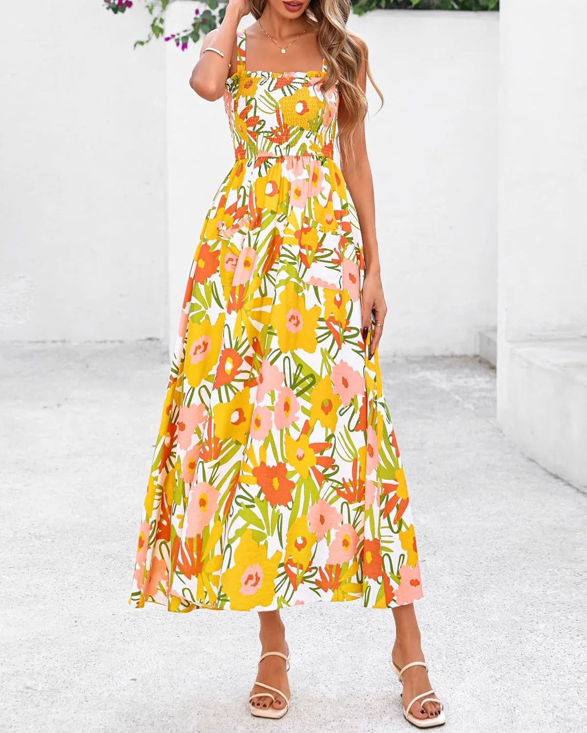 PRETTYGARDEN Womens Summer Dresses 2025 Casual Spaghetti Strap Ruffle Smocked Flowy Floral Print Maxi Dress with Pockets