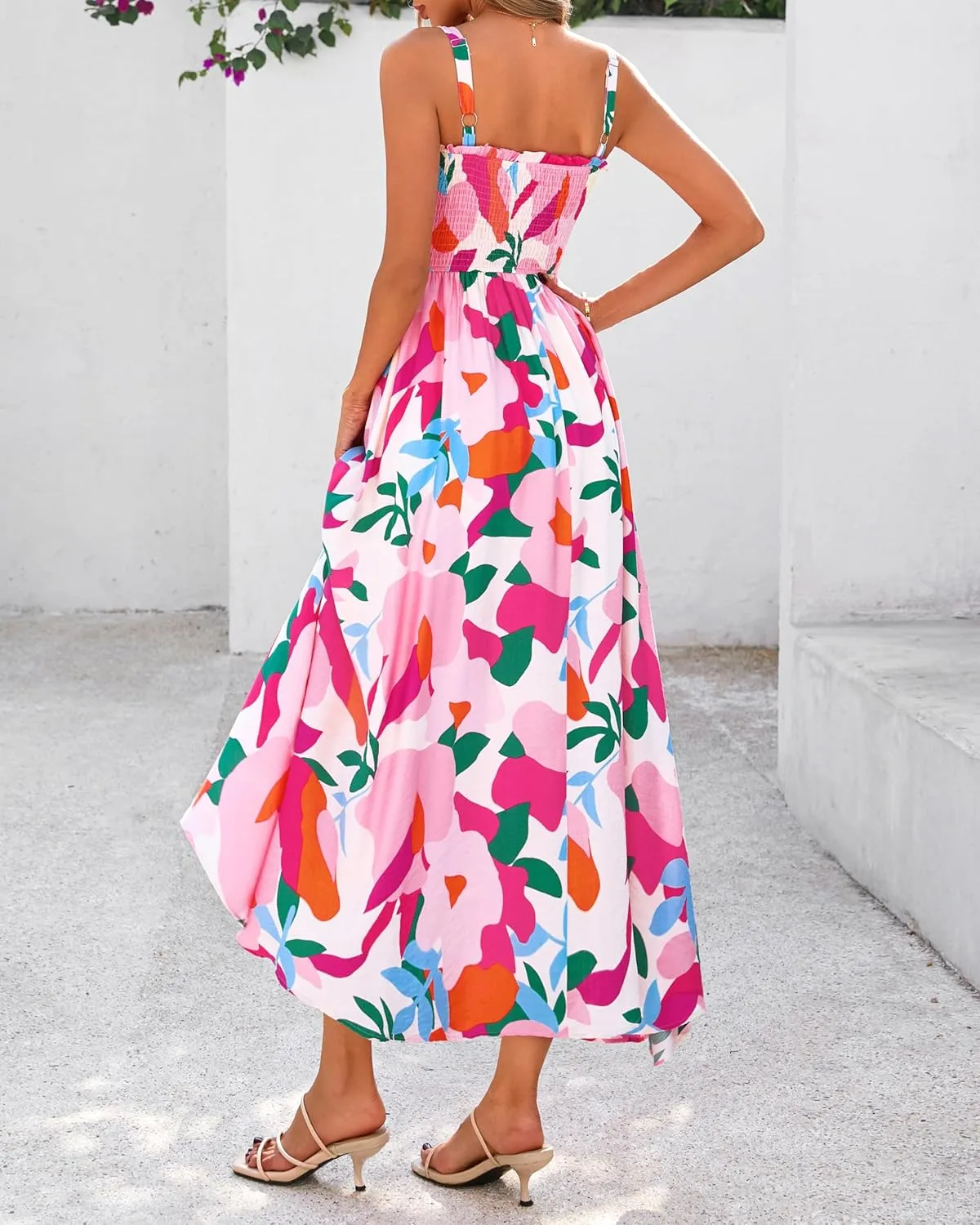 PRETTYGARDEN Womens Summer Dresses 2025 Casual Spaghetti Strap Ruffle Smocked Flowy Floral Print Maxi Dress with Pockets