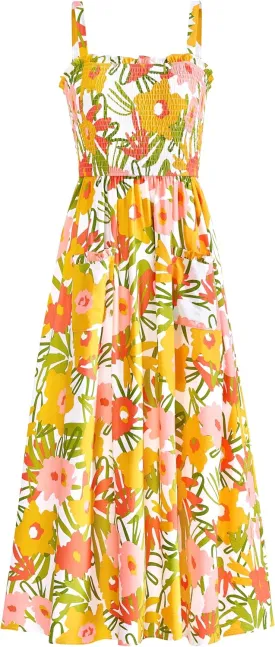PRETTYGARDEN Womens Summer Dresses 2025 Casual Spaghetti Strap Ruffle Smocked Flowy Floral Print Maxi Dress with Pockets