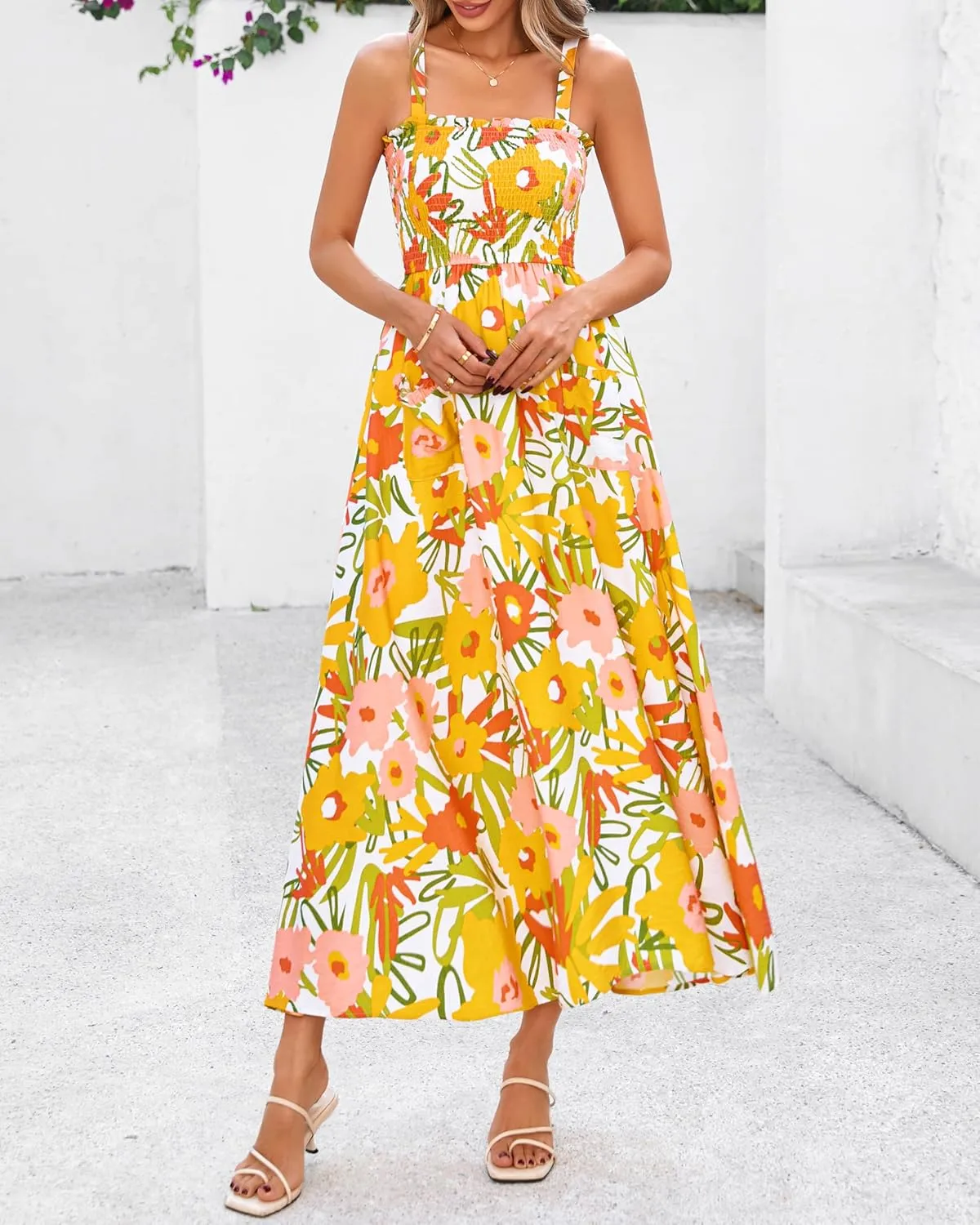 PRETTYGARDEN Womens Summer Dresses 2025 Casual Spaghetti Strap Ruffle Smocked Flowy Floral Print Maxi Dress with Pockets