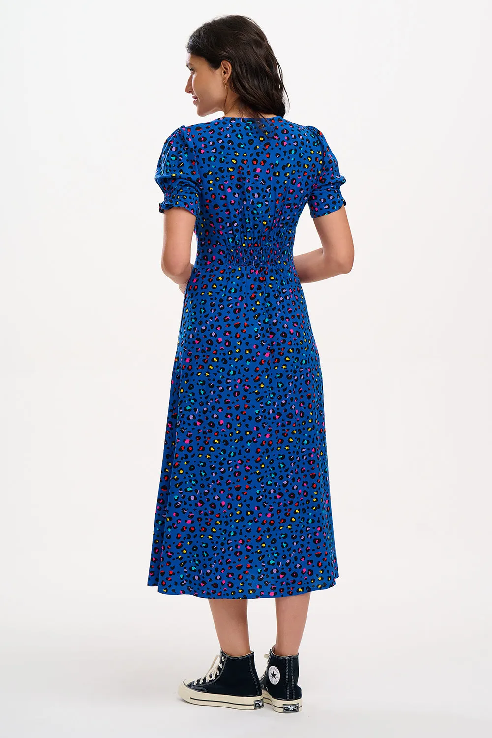 Robyn Midi Tea Dress - Light Navy, Rainbow Leopard
