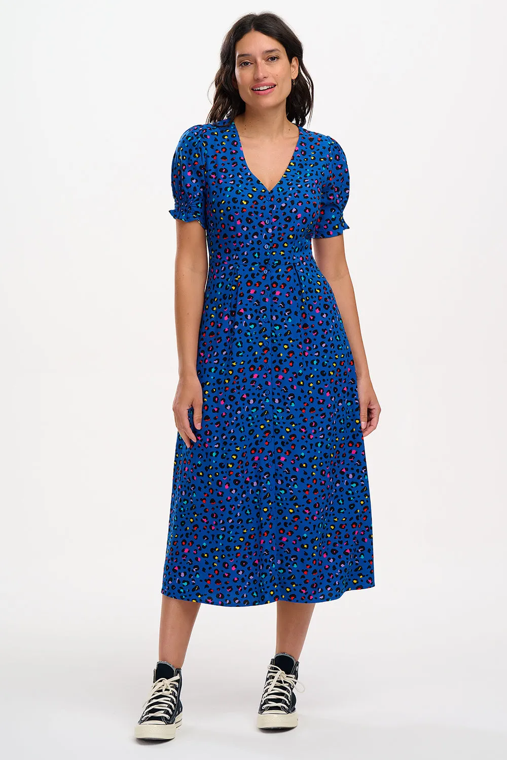 Robyn Midi Tea Dress - Light Navy, Rainbow Leopard