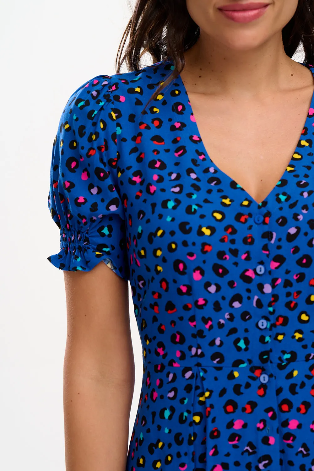 Robyn Midi Tea Dress - Light Navy, Rainbow Leopard