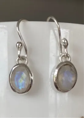 Solid Silver Rainbow Moonstone oval Drop Earrings