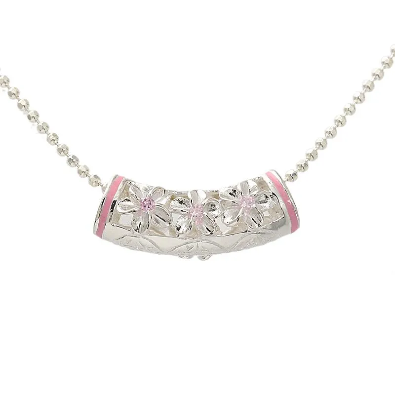 Sterling Silver 3 Plumeria with Pink CZ Pink Border Tube Slider Pendant (Chain Sold Separately)