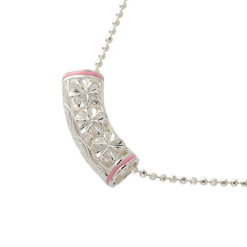 Sterling Silver 3 Plumeria with Pink CZ Pink Border Tube Slider Pendant (Chain Sold Separately)