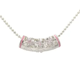 Sterling Silver 3 Plumeria with Pink CZ Pink Border Tube Slider Pendant (Chain Sold Separately)
