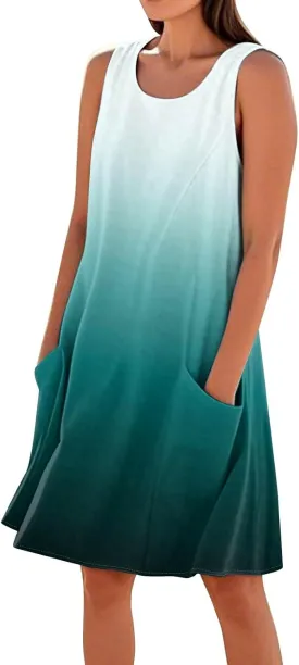 Summer Dresses for Women 2025 Crewneck Sleeveless Cotton Linen Tank Dress Beach Vacation Sundresses with Pockets