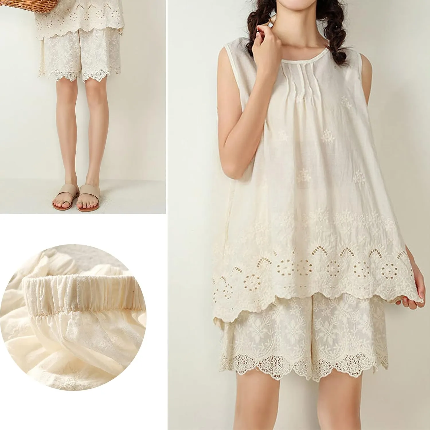 Vintage Lace Pettipants Slips Embroidery Flower Womens Lightweight Cotton Linen Bloomer Shorts Lounge Short Pants