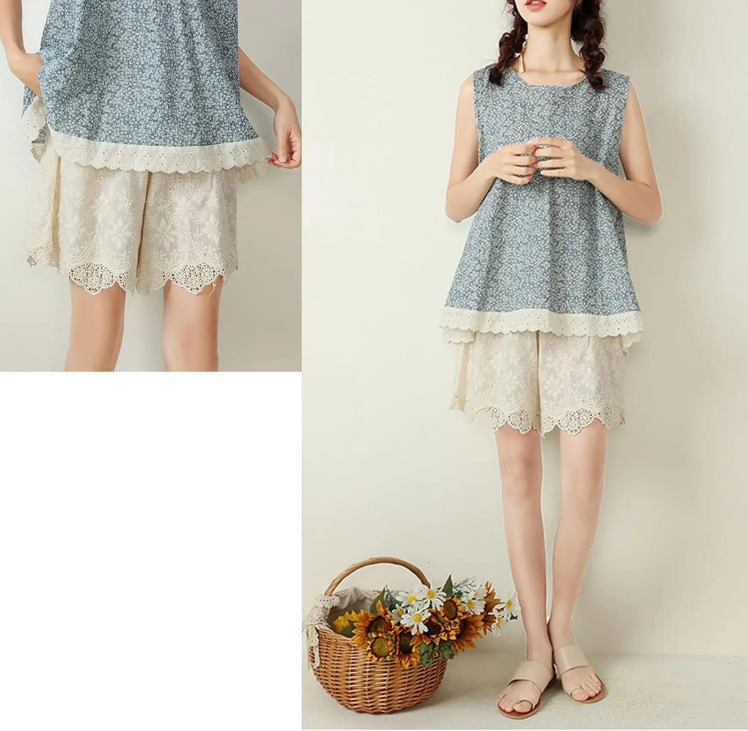 Vintage Lace Pettipants Slips Embroidery Flower Womens Lightweight Cotton Linen Bloomer Shorts Lounge Short Pants