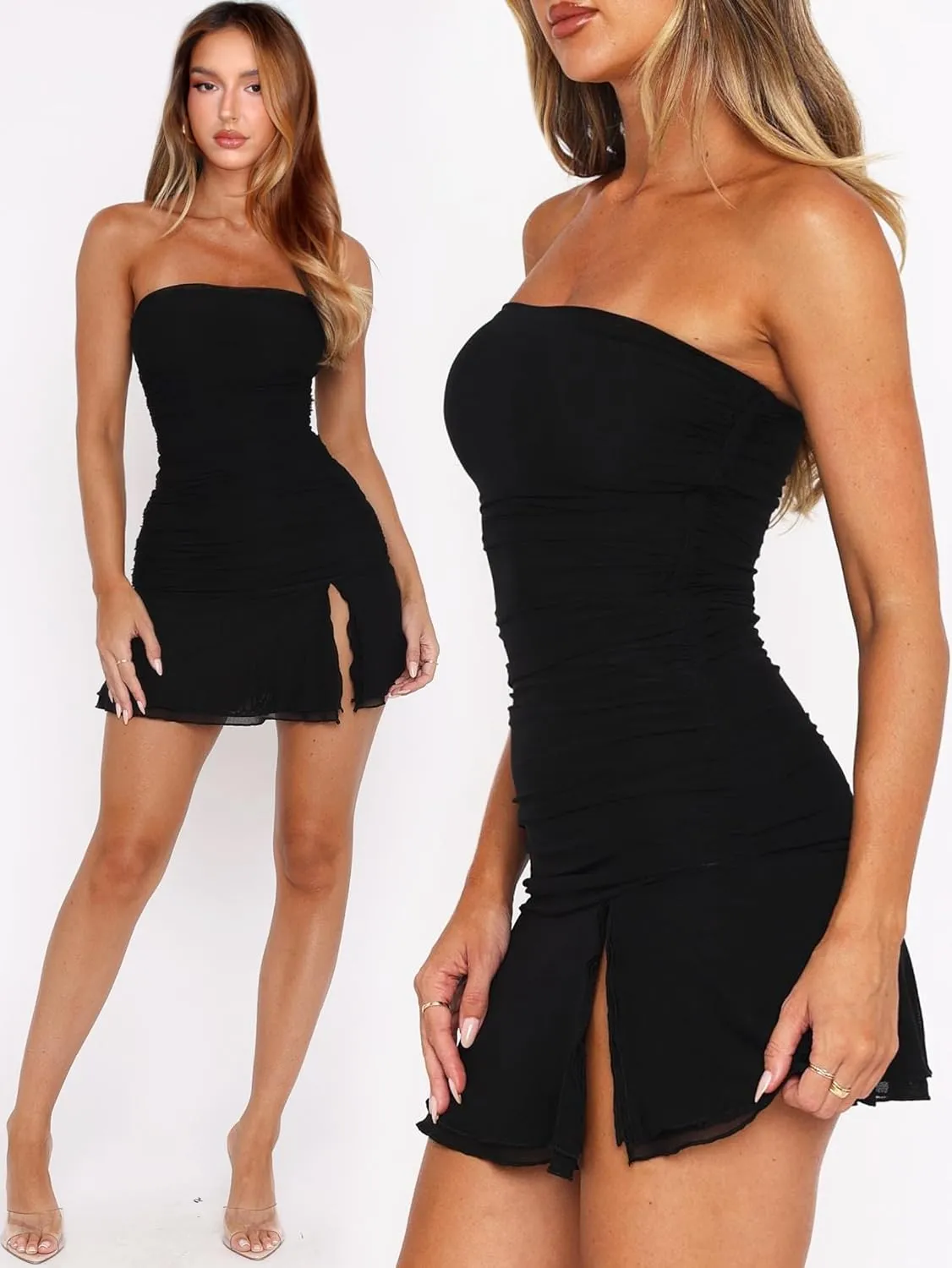 Women Bodycon Tube Mini Dress Mesh Ruched Slit Going Out Dress Sexy Summer Short Rave Club Cocktail Party Dresses