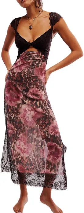 Women Floral Maxi Slip Dress Sexy Backless Spaghetti Strap Long Dress Sleeveless Lace Cut Out Bodycon Split Dress