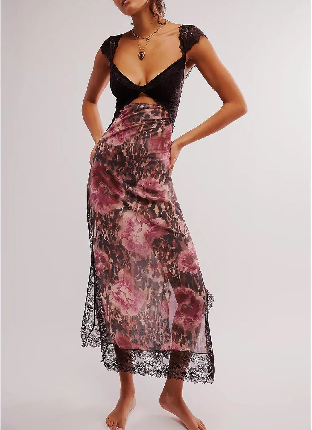 Women Floral Maxi Slip Dress Sexy Backless Spaghetti Strap Long Dress Sleeveless Lace Cut Out Bodycon Split Dress