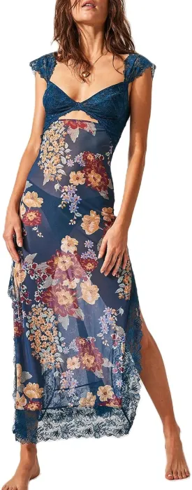 Women Floral Maxi Slip Dress Sexy Backless Spaghetti Strap Long Dress Sleeveless Lace Cut Out Bodycon Split Dress