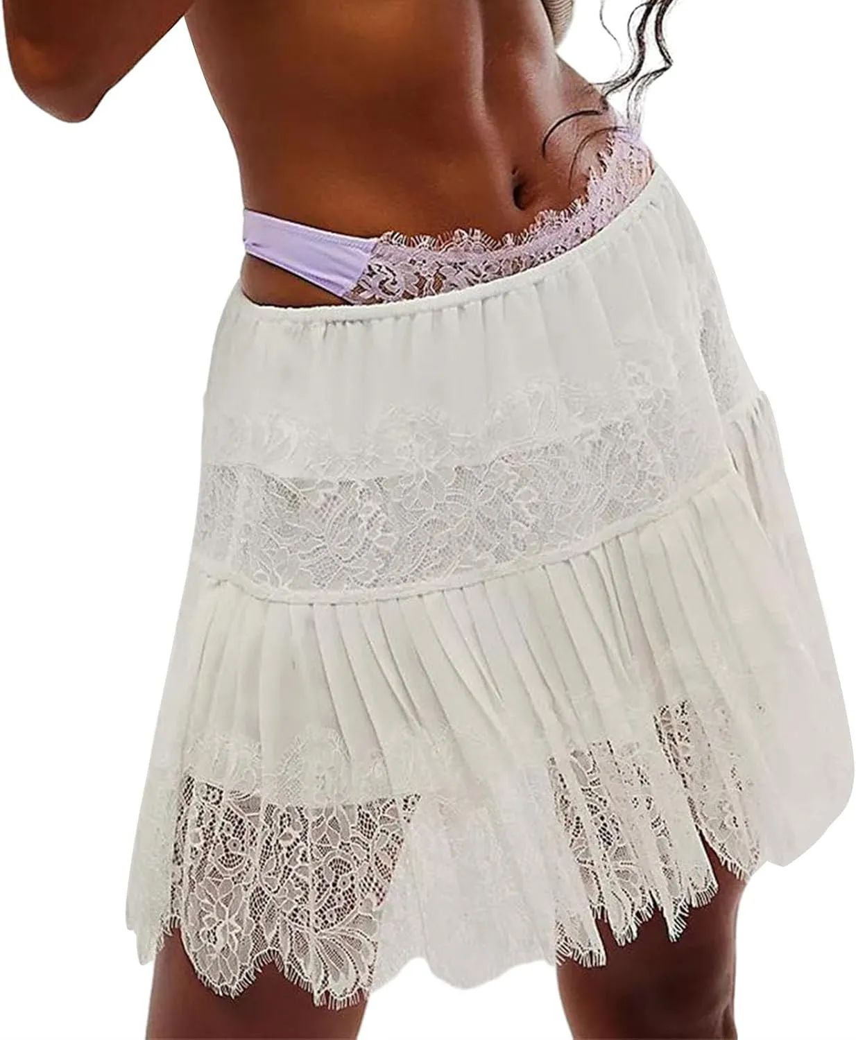 Women Y2K Black White Lace Mini Skirt Low Rise Half Slip Underskirt Ruffle Pleated Layered Flowy Short Skirts