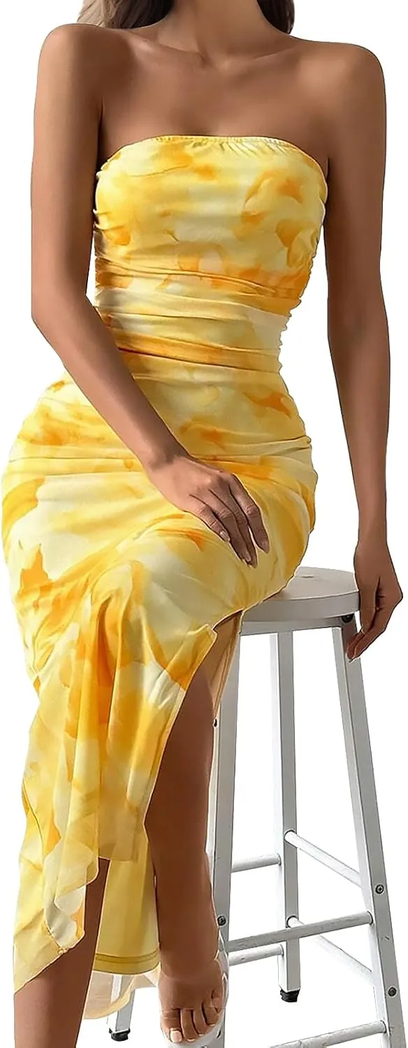 Womens 2025 Strapless Maxi Dress Sexy Printed Slip Side Tube Top Bodycon Long Dress Elegant Formal Cocktail Outfits
