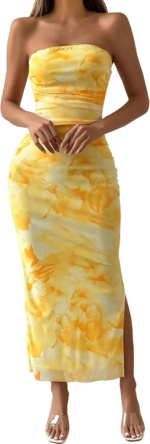 Womens 2025 Strapless Maxi Dress Sexy Printed Slip Side Tube Top Bodycon Long Dress Elegant Formal Cocktail Outfits