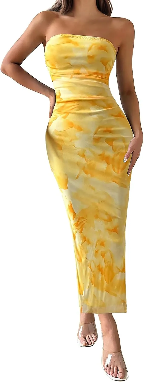 Womens 2025 Strapless Maxi Dress Sexy Printed Slip Side Tube Top Bodycon Long Dress Elegant Formal Cocktail Outfits