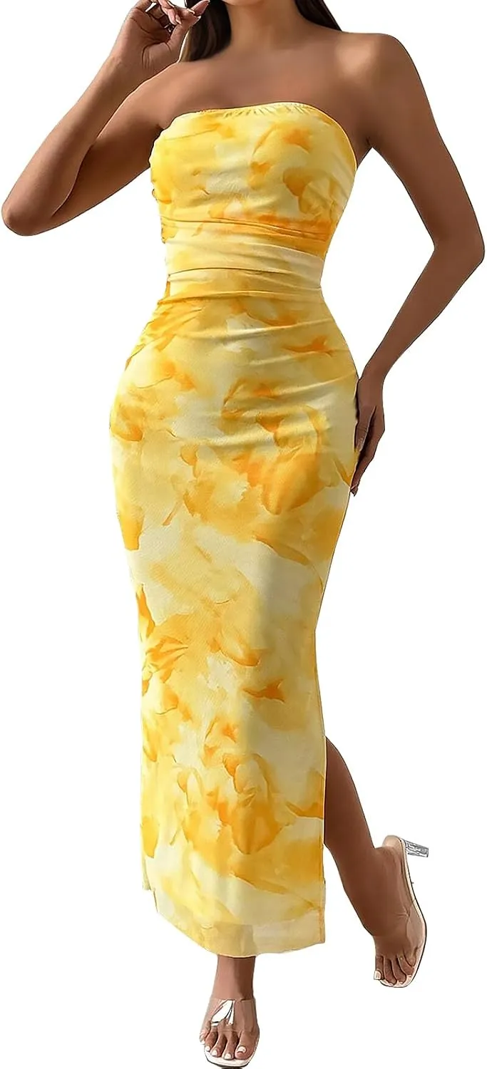 Womens 2025 Strapless Maxi Dress Sexy Printed Slip Side Tube Top Bodycon Long Dress Elegant Formal Cocktail Outfits