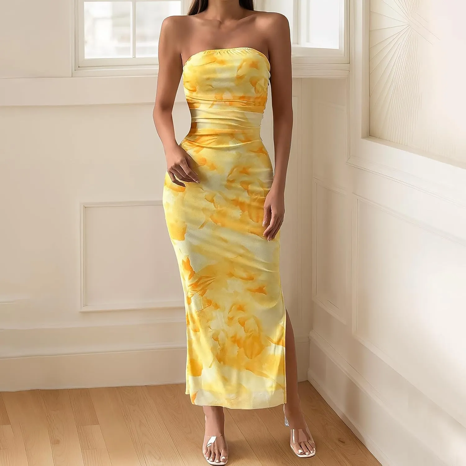 Womens 2025 Strapless Maxi Dress Sexy Printed Slip Side Tube Top Bodycon Long Dress Elegant Formal Cocktail Outfits