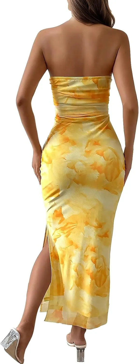 Womens 2025 Strapless Maxi Dress Sexy Printed Slip Side Tube Top Bodycon Long Dress Elegant Formal Cocktail Outfits