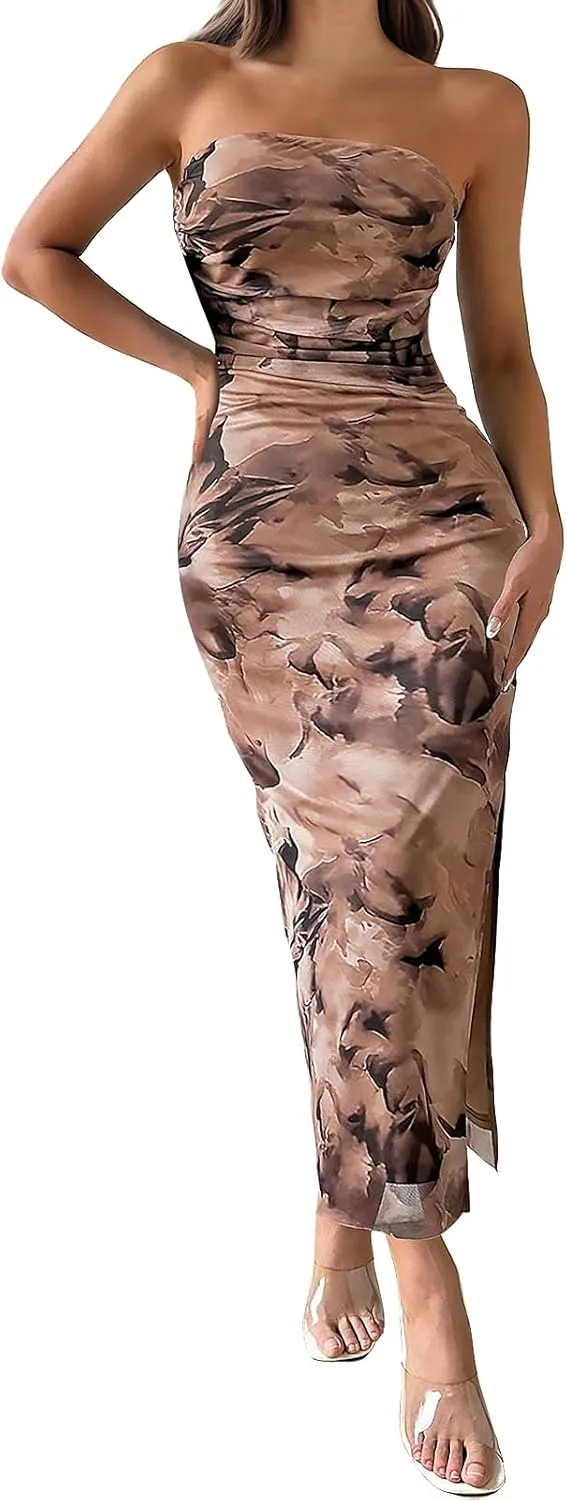 Womens 2025 Strapless Maxi Dress Sexy Printed Slip Side Tube Top Bodycon Long Dress Elegant Formal Cocktail Outfits