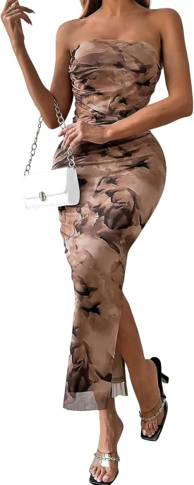 Womens 2025 Strapless Maxi Dress Sexy Printed Slip Side Tube Top Bodycon Long Dress Elegant Formal Cocktail Outfits