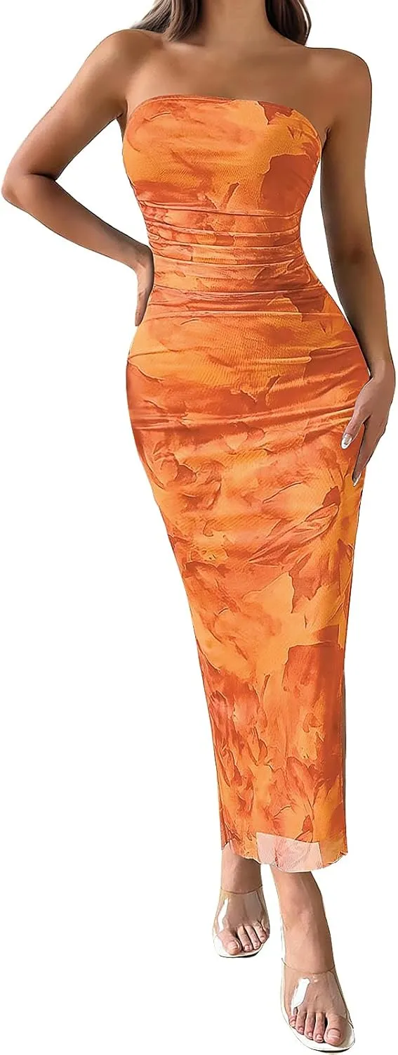 Womens 2025 Strapless Maxi Dress Sexy Printed Slip Side Tube Top Bodycon Long Dress Elegant Formal Cocktail Outfits