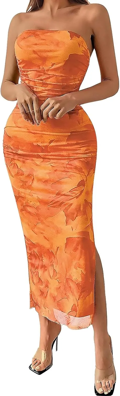 Womens 2025 Strapless Maxi Dress Sexy Printed Slip Side Tube Top Bodycon Long Dress Elegant Formal Cocktail Outfits