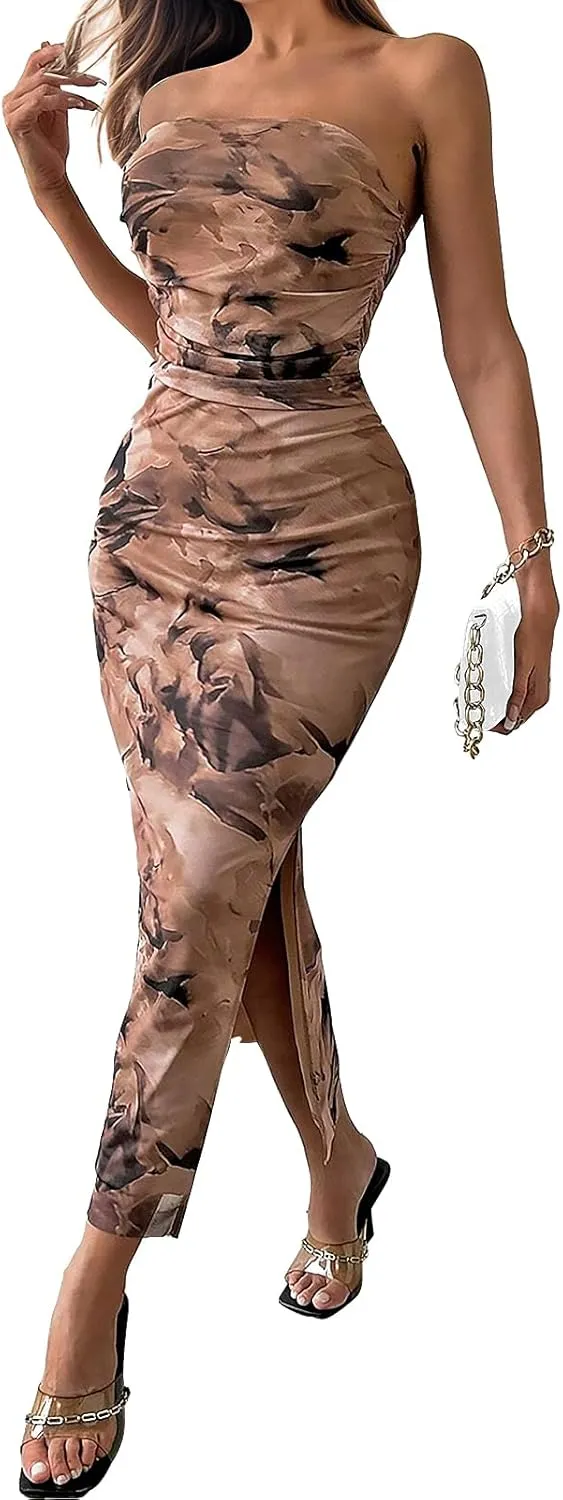 Womens 2025 Strapless Maxi Dress Sexy Printed Slip Side Tube Top Bodycon Long Dress Elegant Formal Cocktail Outfits