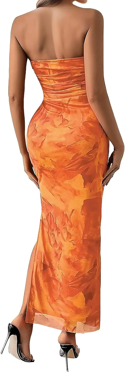 Womens 2025 Strapless Maxi Dress Sexy Printed Slip Side Tube Top Bodycon Long Dress Elegant Formal Cocktail Outfits