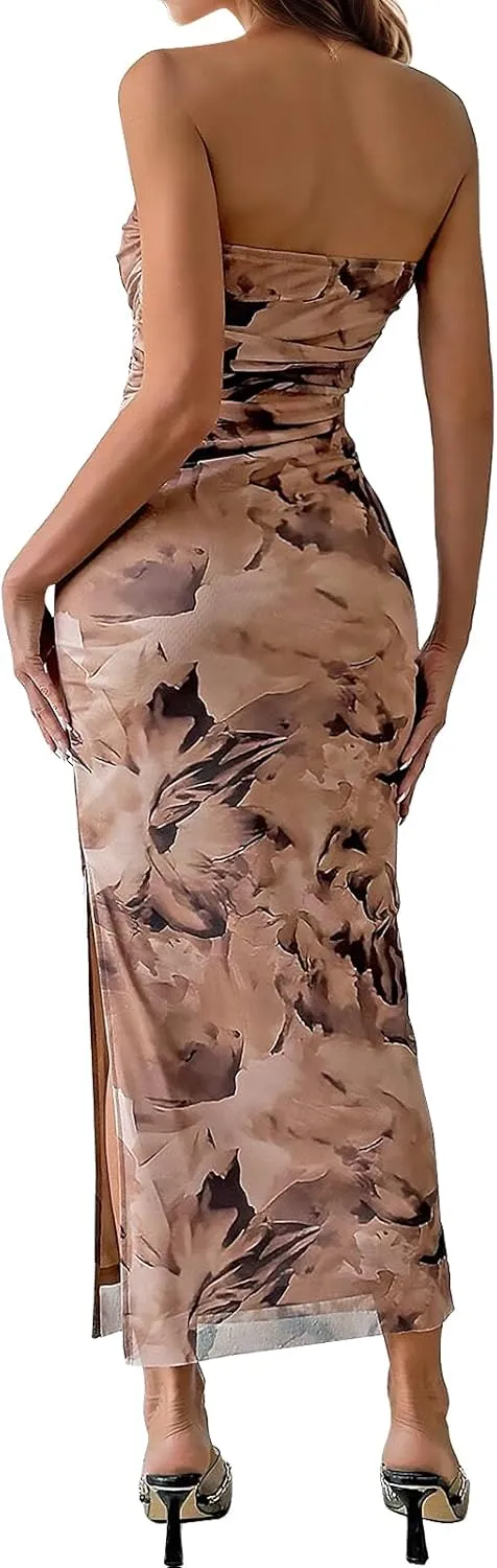 Womens 2025 Strapless Maxi Dress Sexy Printed Slip Side Tube Top Bodycon Long Dress Elegant Formal Cocktail Outfits