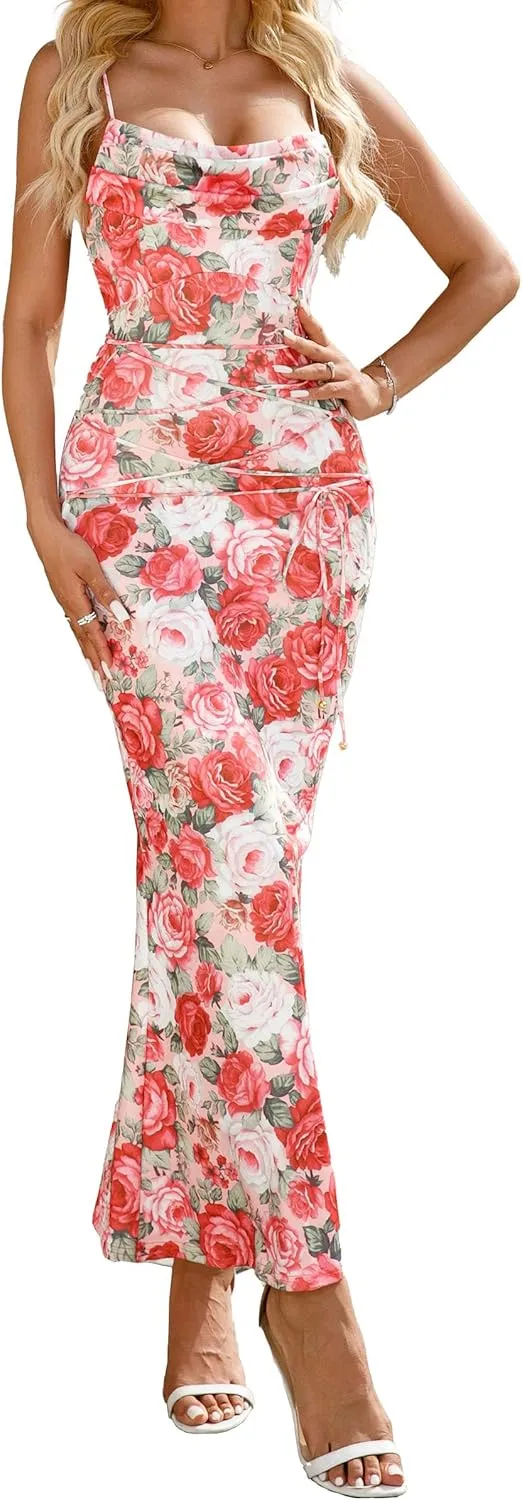 Women's 2025 Summer Sexy Print Maxi Dress Floral Square Neck Spaghetti Strap Bodycon Slip Long Dresses