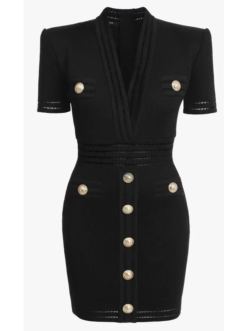 Women’s Button-Embellished V-Neck Mini Dress, Black