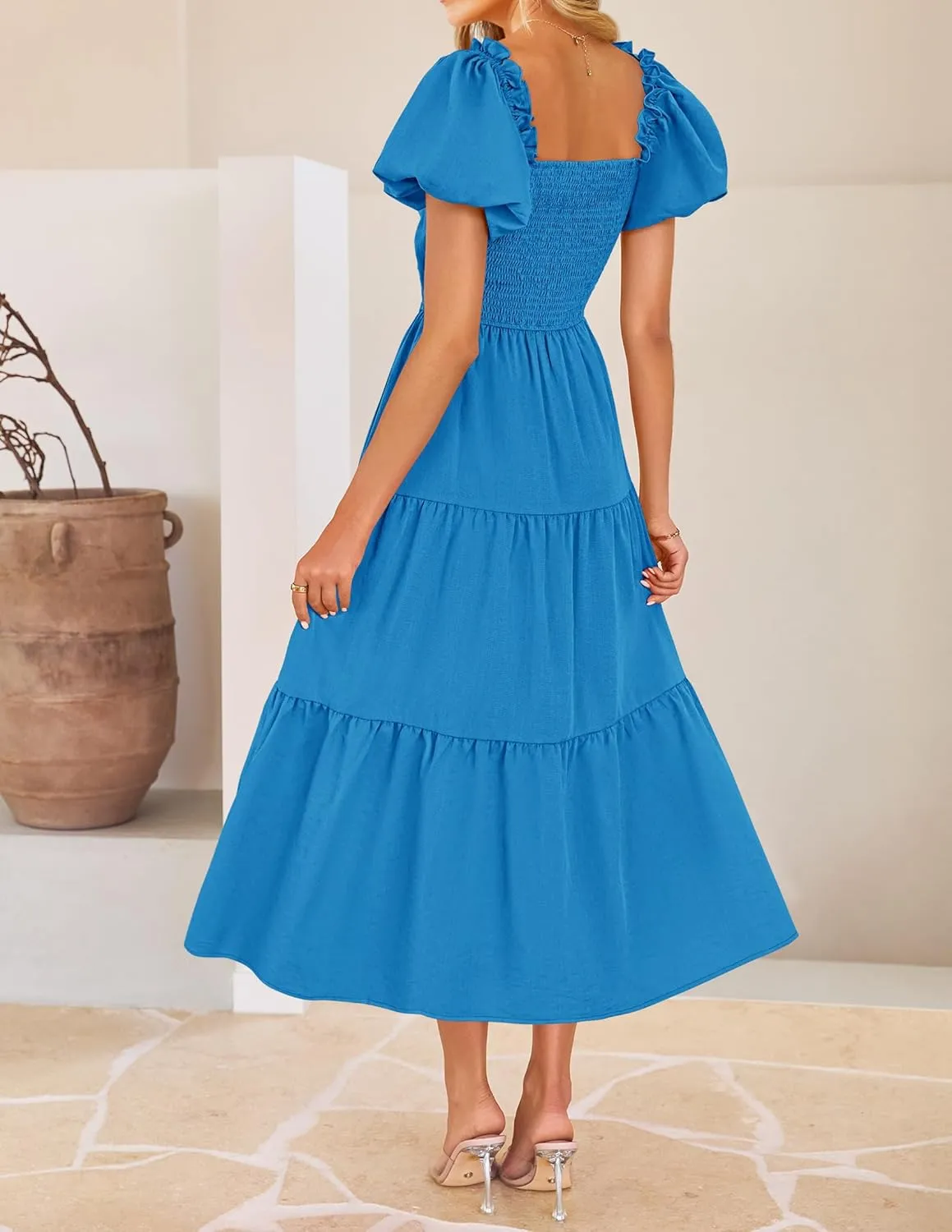 ZESICA Womens Summer 2025 Boho Vacation Dress Short Puff Sleeve Flowy Smocked Cutout A Line Beach Party Dresses