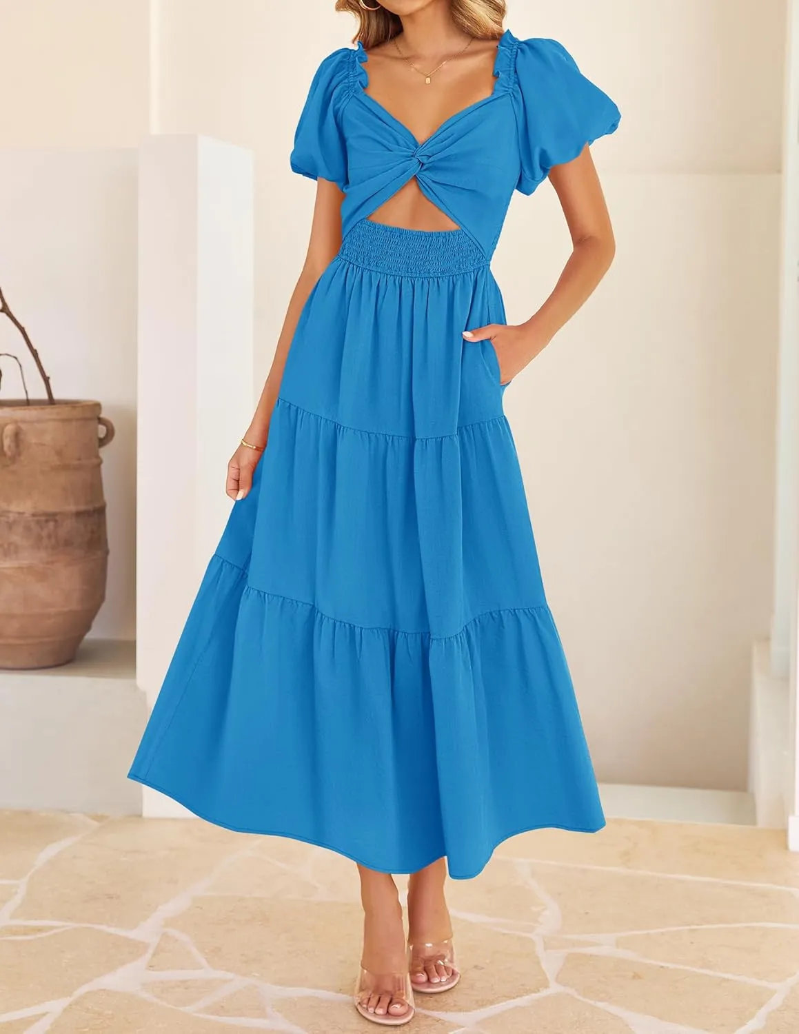 ZESICA Womens Summer 2025 Boho Vacation Dress Short Puff Sleeve Flowy Smocked Cutout A Line Beach Party Dresses