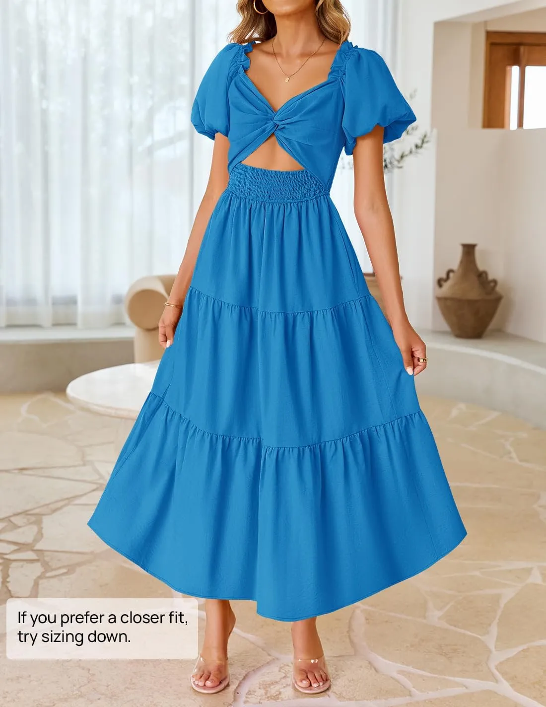 ZESICA Womens Summer 2025 Boho Vacation Dress Short Puff Sleeve Flowy Smocked Cutout A Line Beach Party Dresses