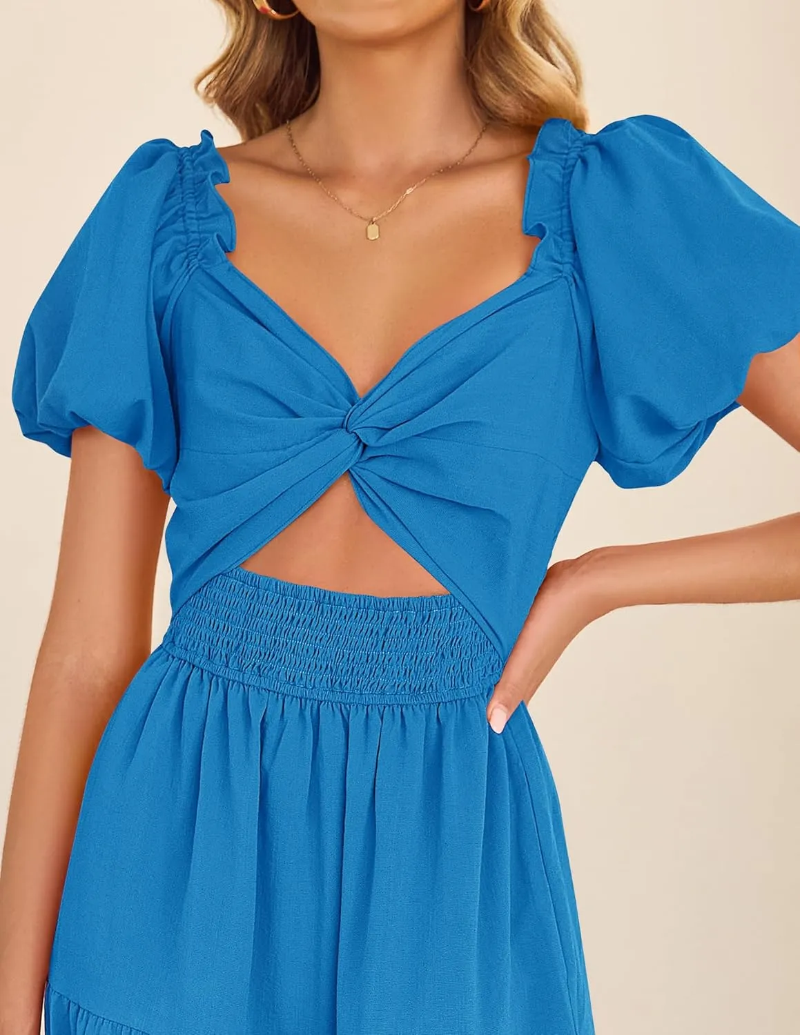 ZESICA Womens Summer 2025 Boho Vacation Dress Short Puff Sleeve Flowy Smocked Cutout A Line Beach Party Dresses