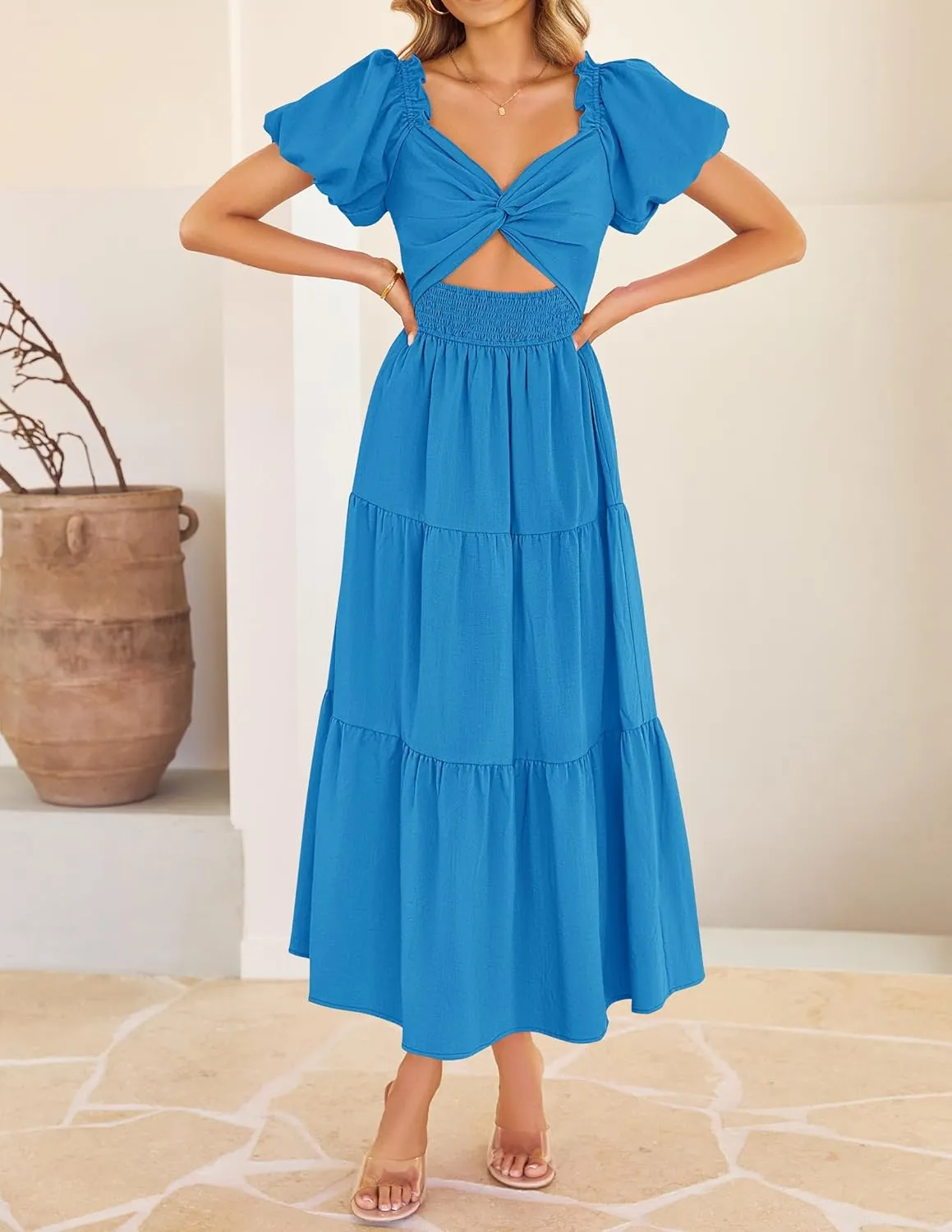 ZESICA Womens Summer 2025 Boho Vacation Dress Short Puff Sleeve Flowy Smocked Cutout A Line Beach Party Dresses