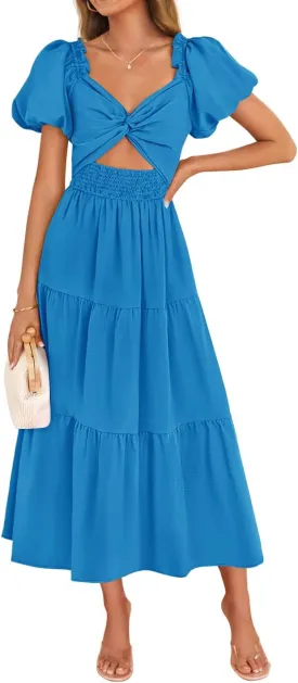 ZESICA Womens Summer 2025 Boho Vacation Dress Short Puff Sleeve Flowy Smocked Cutout A Line Beach Party Dresses
